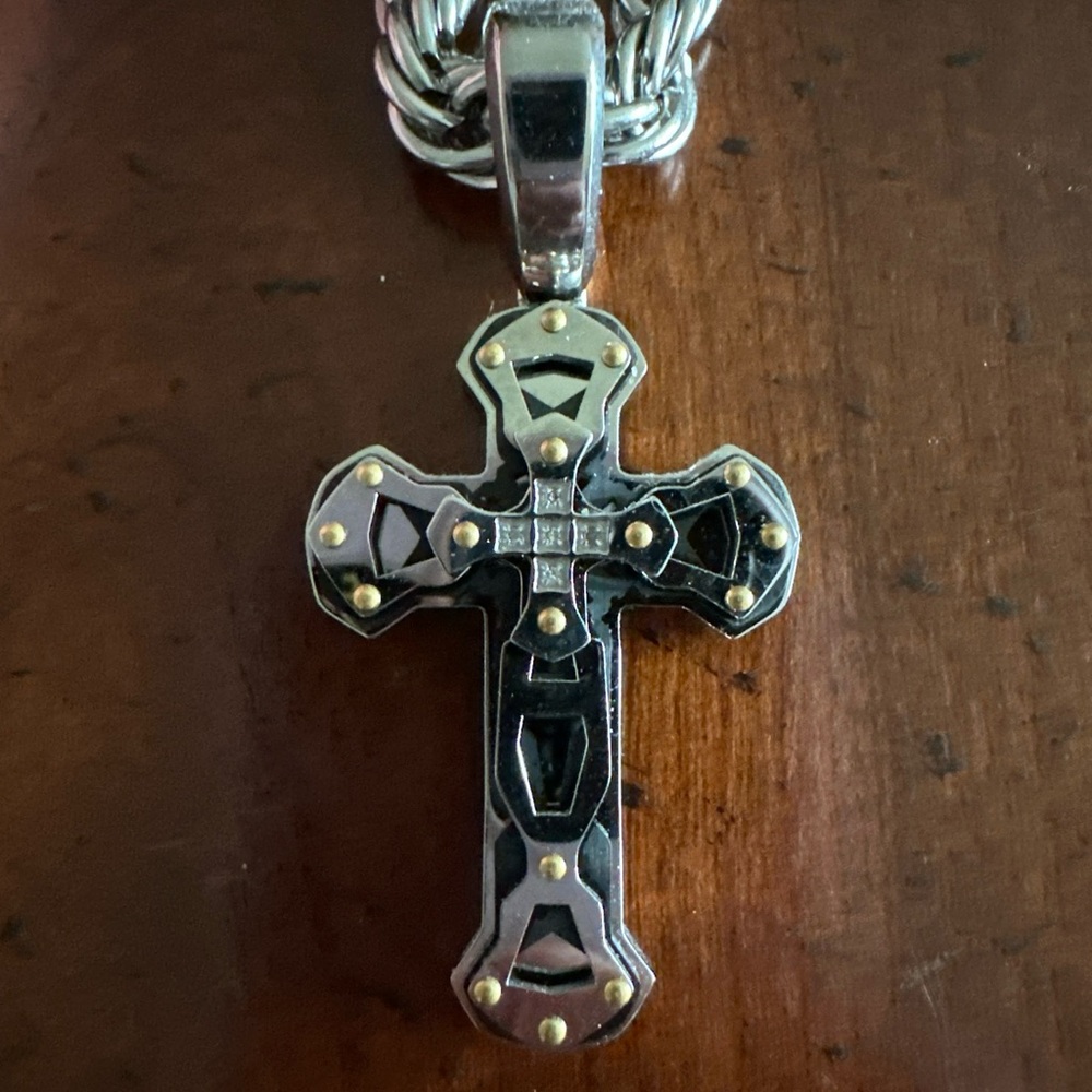 Black & Blue stainless cross and necklace in great condition